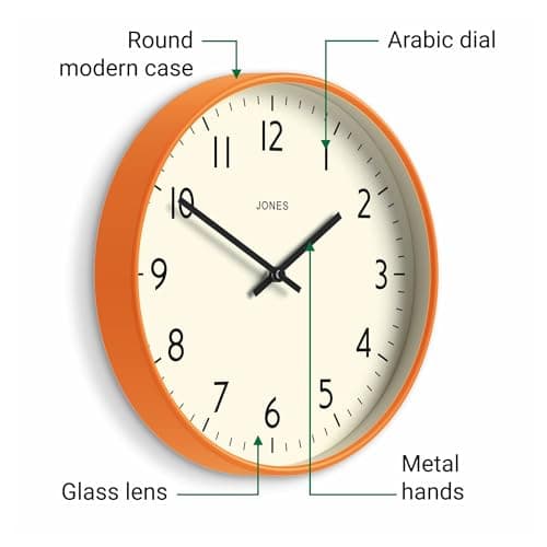 JONES CLOCKS® Studio Wall Clock | Modern Round Style | 12 inch | Orange | Easy to Read Numbers | Versatile Design for Kitchen, Living Room or Office 6