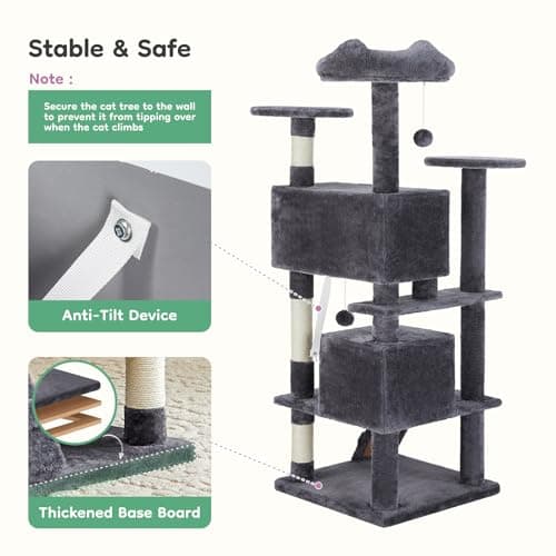 DUMOS 54-inch Indoor Cat Tree Tower –Multi-Level Pet House for Large Cats with 2 Condos, Scratching Posts, Round Platform, Small Ladder, and Toys – Perfect for Cats of All Ages, Dark Grey 6
