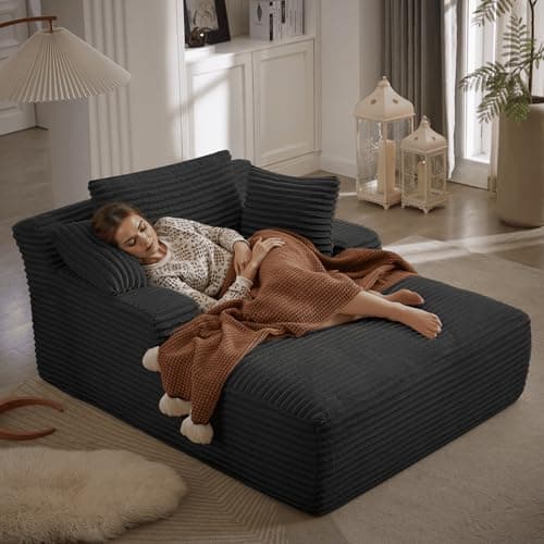 50 Inches Chaise Lounge Indoor, Oversized Chaise Lounge Chair with 3 Throw Pillows and Armrests, Corduroy Upholstered Plush Sofa Bed Lazy Chair Bed Sleeper Chair for Living Room Apartment (Black)
