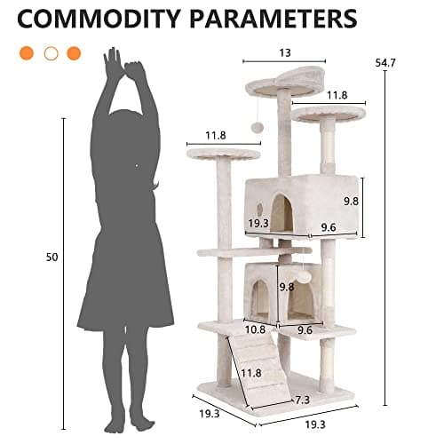 BestPet | 54" Cat Tree Tower | Beige | Sturdy, Easy to Assemble, Multi-Level Activity Center with Sisal Scratching Posts, Condos, Perches, Hanging Cat Toys, Observation Decks & Ladder 7