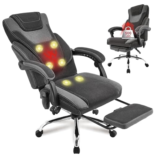 Massage Office Chair with Footrest,6-Point Vibration and Heat Executive Office Chairs,Ergonomic Desk Chair for Heavy People,500LBS Big and Tall Fabric Office Chair,Reclining Managerial Chair,Blackgrey