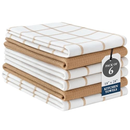 LANE LINEN Cotton Kitchen Towels and Dish Cloths Set, 6-Pack – Absorbent, Quick-Drying Dish Towel, 18" x 28", Soft, Premium Hand and Tea Towels - Beige