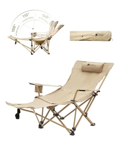 MOBI GARDEN Reclining Camping Chair with Foot Rest, 4-Position Adjustable Folding Lounge Chair for Adults, Portable & Detachable Footrest – Sand - Solid Back