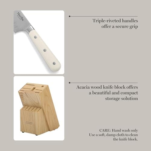 MARTHA STEWART Eastwalk 14 Piece High Carbon Stainless Steel Cutlery Kitchen Knife Block Set w/ABS Triple Riveted Forged Handle Acacia Wood Block - Linen White 5