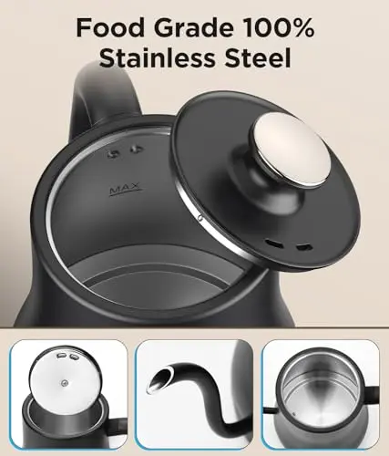 KOIOS Gooseneck Electric Kettle with ±1℉ Temperature Control & Mute Mode, 0.8L Pour Over Kettle for Coffee & Tea, 1200W Quick Heating Stainless Steel Water Boiler with 4Hrs Keep Warm, Matt Black 5