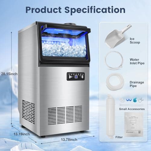 Commercial Ice Maker Machine 140LBS/24H, Dual Water Inlet Options, Freestanding Under Counter Ice Maker Smart LCD, Self-Cleaning, Quiet for Home, Bar, Restaurant, Support 5-Gallon Bottle Water 7