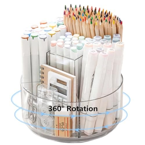 JIKIOU Acrylic Pen Holder, 360-Degree Rotating Pen Holder for Desk, Clear Desk Organizers and Accessories with 5 Compartments Pencil Organizer, Art Supply Storage Box Caddy for Office, Home 8