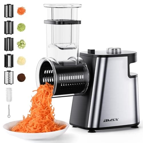 BMSX Electric Cheese Grater Upgraded, 250W Electric Slicer Shredder, Automatic Cheese Shredder, Electric Salad Machine for Fruits, Vegetables, Cheeses，Salad Maker With 5 Different Shapes of Blades