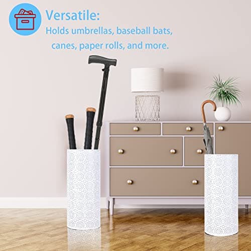 BEWBBAT Umbrella Stand Rack for Entryway, Free Standing Metal Umbrella Holder, Round Umbrella Organizer Bin with 3 Hooks for Long Short Umbrella, Walk Stick, Home Office Indoor, 17 x 7 Inch, White 7