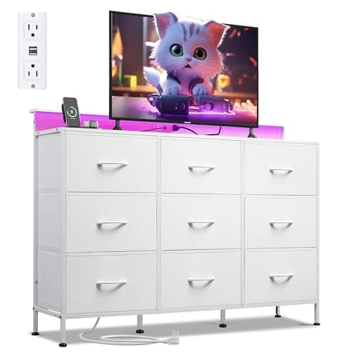 WLIVE White Dresser TV Stand for 45, 50, 55 inch TV, Entertainment Center with LED Lights & Charging Station, Chest of drawers with 9 Fabric Drawers and Open Shelves for Living Room, Hallway, Wood Top