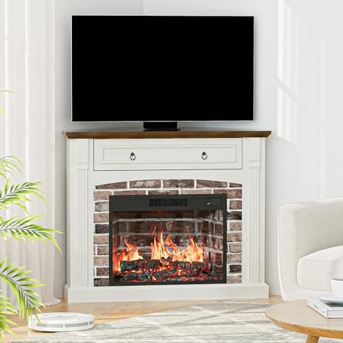OUTGUAVA Electric Fireplace with Mantel, Corner Fireplace TV Stand, Entertainment Center with Hidden Drawer, Electric Fireplace Heater with Realistic Stacked Stone Surround for Living Room (White) 9