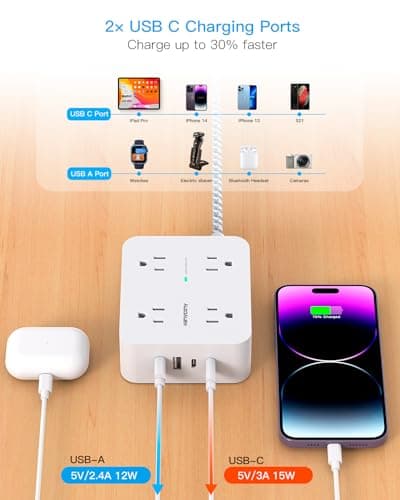 Surge Protector Power Strip - HANYCONY 8 Outlets 4 USB (2 USB C) Charging Ports, Multi Plug Outlet Extender, 5Ft Braided Extension Cord, Flat Plug Wall Mount Desk Charging Station for Home Office ETL 5