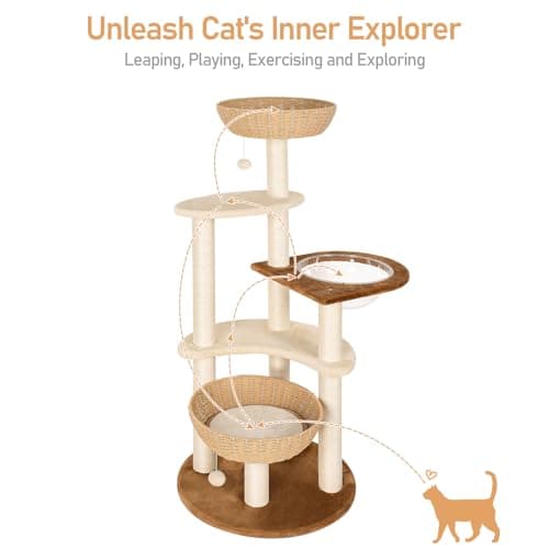SENNAUX 54" Cat Tree Tower for Indoor Cats, Boho Modern Cat Tree for Large Cats with Natural Sisal Scratching Posts, Unique Cat Tree Hand-Made Wicker Cat Basket Cute Cat Tree for Large Cats 20 lbs 5