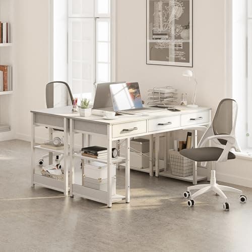 ODK Office Small Computer Desk: Home Table with Fabric Drawers & Storage Shelves, Modern Writing Desk, White, 48"x16" 9