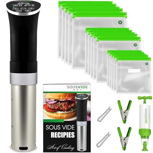 SOUSVIDE ART Sous Vide Cooker Kit - 1000W Immersion Circulator - 15 Vacuum Bags, Pump, Digital Timer and Temperature Control; Complete Sous Vide Machine Cooking Kit for Home Chefs and Beginners
