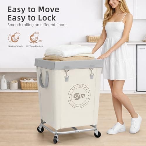 STORAGE MANIAC Commercial Laundry Hamper with Heavy Duty Steel Frame, 160 L Industrial Laundry Basket Cart with Wheels for Hotel, Home, Laundry Room, 18''L x 18''W x 31''H, Medium Beige 6