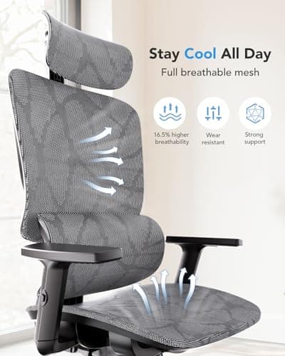 HUANUO Ergonomic Mesh Office Chair with 5-Level Lumbar Support, Computer Gaming Chair with Adjustable Headrest & Armrests, Rocking Tilt, Comfortable High Back Desk Chair for Home Office 6