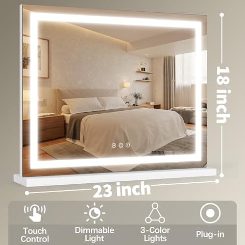 FENNIO 23" x 18" Vanity Mirror with Lights，LED Makeup Mirror，Hollywood Mirror with 3 Color Modes & Adjustable Brightness，Vanity Mirror Square White 7
