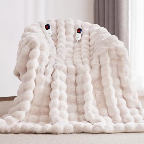 Anysay Heated Blanket King Size with 1/2/4/6/8 Hours Auto-Off 10 Heat Level, 90'' * 100'' Cozy Faux Rabbit Fur Bubble Electric Blanket with Overheat Protection(White)