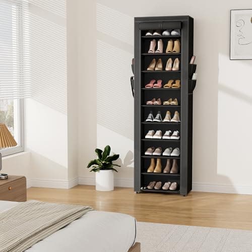 VTRIN Vertical Narrow Shoe Rack Organizer 10 Tier Tall Shoe Shelf Holds 20-22 Pairs with Non-Woven Dustproof Cover for Closet, Entryway Black 8