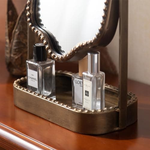 HuiDao Vintage Tabletop Makeup Mirror with Tray, Metal Antique Decorative Mirror with Stand, 360°Swivel Retro Desktop Dressing Mirror Countertop, Bedroom,Bathroom, Living Room 5