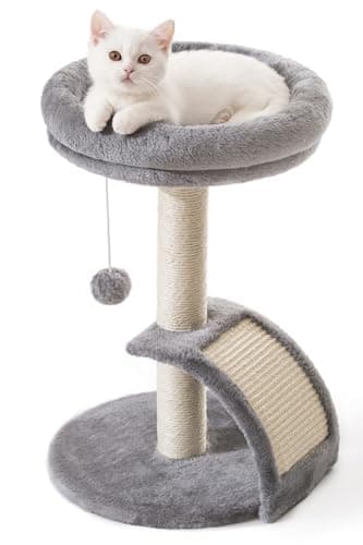 Goozii Small Cat Tree Tower with Scratching Post, Modern Kitten Tower for Indoor Cats, Short Carpet Sisal Cat Scratcher Stand with Large Bed Perch, Scratch Ramp, Toy Ball for Kitty Play (Grey)