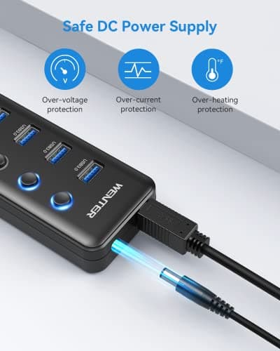 Powered USB 3.0 Hub, Wenter 5-Port USB Hub Splitter (4 Faster Data Transfer Ports+ 1 Type-C Charging Ports) with Individual LED On/Off Switches, USB Hub 3.0 Powered with Power Adapter for Mac, PC 7