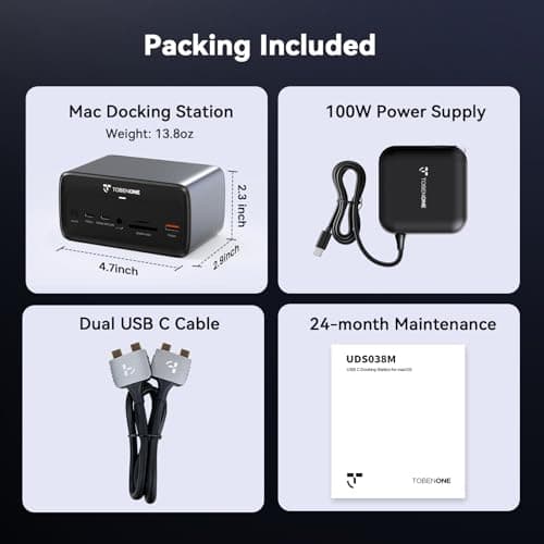 TobenONE MacBook Docking Station Dual 4K@60Hz, 16-in-2 USB C Docking Station with 2 HDMI Ports, 7 USB Ports, 100W GaN Power Supply & 20W Charging, 2.5Gbps Ethernet, for Home & Office 7