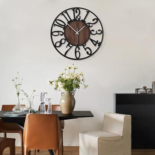 LEIKE Large Wall Clocks,Silent,Non Ticking,Battery Operated Rustic Round Modern Big Wood Wall Clock for Living Room, Bedroom,Kitchen,Farmhouse,Office,Home Decor-16 Inch(Black-Arabic Number) 7
