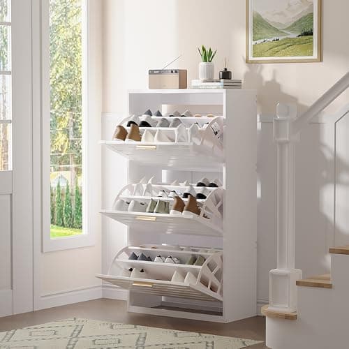 VECELO Shoe Cabinet Storage for Entryway with 3 Flip Drawers Slim Hidden Free Standing Organizer for Narrow Hallway, Bedroom, Living Room, Large Capacity, Modern, White, 3-Shelf