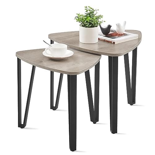 VASAGLE Nesting Coffee Tables, End Tables Set of 2 for Living Room Bedroom, Industrial Small Stacking Side Tables with Metal Frame for Couch, Heather Greige and Black ULET013B02