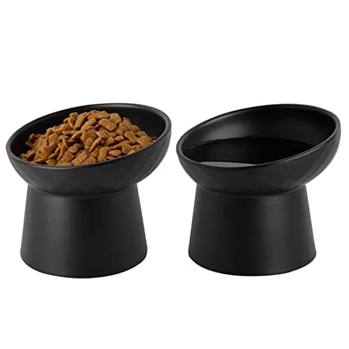 KITCHENLESTAR Ceramic Raised Cat Bowls, Elevated Tilted Cat Food and Water Bowls Set, Porcelain Stress Free Pet Feeder Dish for Cats and Small Dogs, Dishwasher and Microwave Safe, Set of 2(Black)