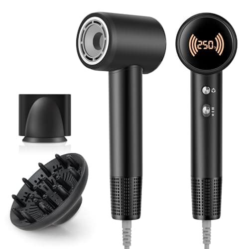 Hair Dryer,Travel Hair Dryer with Diffuser,110000 RPM High Speed Ionic Blow Dryer,Temperature Display,Low Noise&Lightweight Blow Dryer,Fast-Drying,No Heat Damage,Suitable for All Hairstyles(Black)