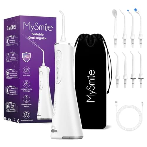 MySmile LP211 Cordless Advanced Water Flossers for Teeth, 5 Cleaning Modes Rechargeable Power Dental Flosser 8 Replacement Jet Tips IPX 7 Waterproof Dental Irrigator with Portable Travel Storage Pouch