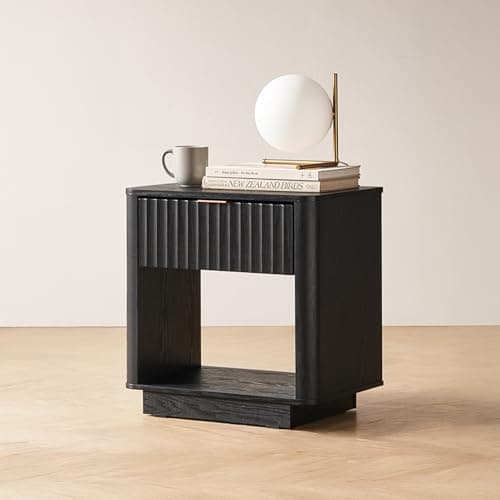 mopio Brooklyn Fluted Nightstand, Modern Farmhouse Nightstand, Small Side, Wood Bedside Table with Drawer, End Table with Storage, Fluted Night Stand, Curved Profile (Black Oak, Single)