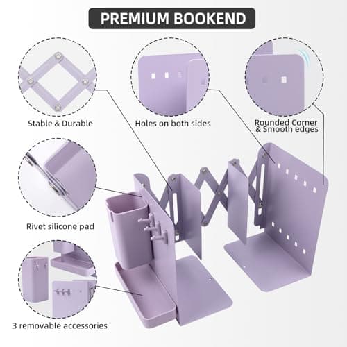 ALKALO Adjustable Bookends, 19" Metal Book Ends for Heavy Books, 2 Dividers Bookends with Removable Pen Holder, Tray, and 3 Hook-up, Book Organizer for Office, School, Bookstore, Home 5