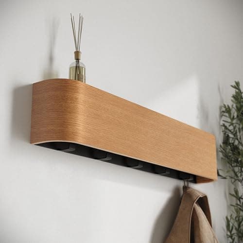 Kazai. Wall-Mounted Coat Rack 'Toke' - Modern Design Coat Rack with Hidden Wall Hooks - Solid Wood Veneer Panel Coat Hanger - Oak 7