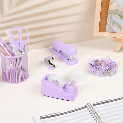 SKYDUE Purple Desk Accessories, Purple Office Supplies Set, Stapler, Tape Dispenser, Scissors, Binder/Paper Clips and 1000pcs Staples,Office Supplies for Women 7
