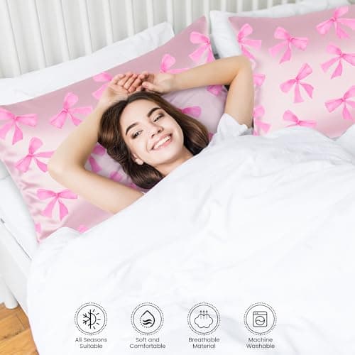 YZFDUI Pink Bow Satin Pillowcase for Hair & Skin Care, Standard Size Set of 2 - Luxurious Satin Pillow Cover with Envelope Closure(20x26 Inches) 5