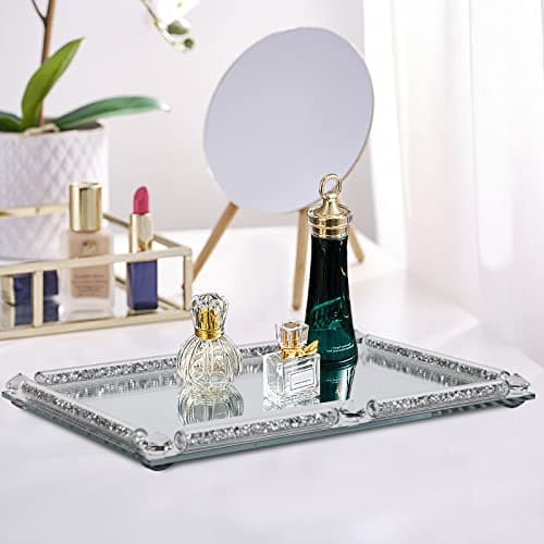 YCWF Mirror Perfume Tray for Dresser,Crushed Diamond Filled Glass Vanity Tray,Decorative Bathroom Tray,Crystal Tray for Home Decorative,Party,Hotel Banquet,11.8"x 7.9"x1.2",Silver 3