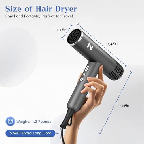 Natrial Ionic Professional Hair Dryer with Diffuser for Curly Hair,1600W&110000RPM High Speed Blow Dryer for Women,Fast Drying,Lock Function,Low Noise,Lightweight for Home Travel Salon,Gray 7