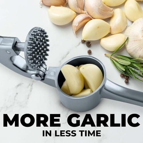 Zulay Kitchen Large Premium Garlic Press Set - Bigger Bowl for Bigger Garlic - Rust Proof Garlic Mincer Tool - Easy-Squeeze, Easy-Clean Silicone Garlic Peeler & Brush (Slate) 6