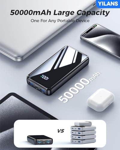 Portable Charger,50000mAh Power Bank Built-in Cable, 22.5W PD USB C In & Out Fast Charging, External Battery Pack with 6 Output & 2 Input, Travel Phone Charger for iPhone 17/16/15/14/13/12(Black) 5