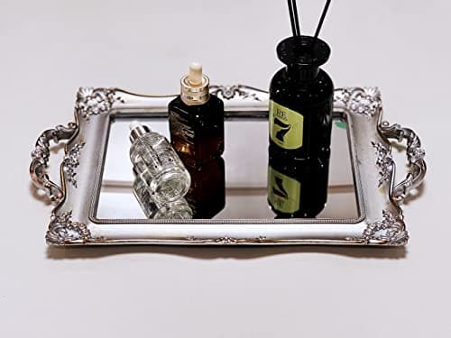 Schonee Rectangle Vintage Decorative Mirror Tray, Cosmetics Makeup Storage Jewelry Dresser Organizer Tray, Serving Tray (Silver- Rectangle) 5
