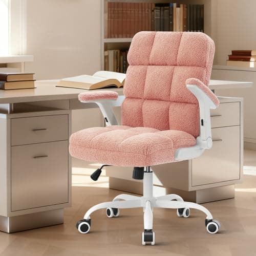 SEATZONE Pink Office Chair Ergonomic Computer Desk Chair with Wheels,Faux Fur Comfy Office Chair for Women and Girls,Teddy Fleece Material 9