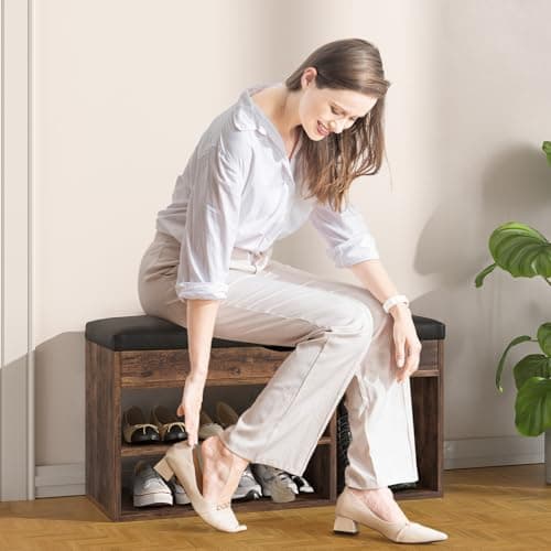 Apicizon 31 Inches Storage Bench with Padded Cushion, Shoe Bench with Storage Space, Upholstered Entryway Bench for Living Room, 2-Tier Shoe Rack Organizer, Brown 8