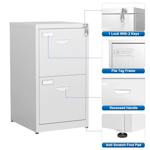 2 Drawer Vertical White Metal File Cabinet with Lock for Home Office - Modern Locking Steel File Storage Cabinet for A4/Legal/Letter Size - Assembly Required 8