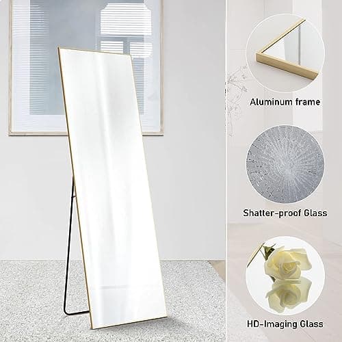 Sweetcrispy 64"x21" Full Length Mirror, Full Body Floor Mirror for Bedroom Large Wall Mirror with Stand Full Length Aluminum Alloy Frame Standing Hanging or Leaning Against Wall, Gold 5