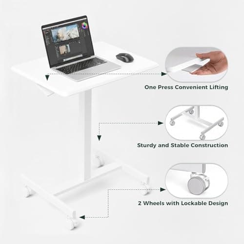 SageNest Mobile Small Standing Desk - Adjustable Height Rolling Laptop Desk with Lockable Wheels, Workstation for Home Office & Classroom, White 7