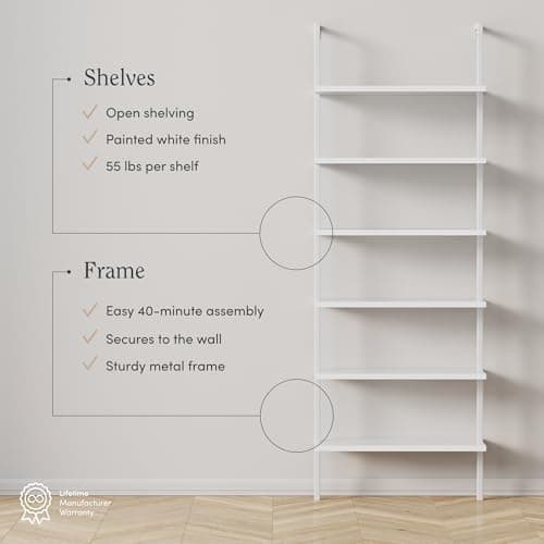 Nathan James Theo 6-Shelf Tall Modern Bookshelf, Wall Mount Ladder Shelf Bookcase with Wood and Industrial Metal Frame, Matte White 4
